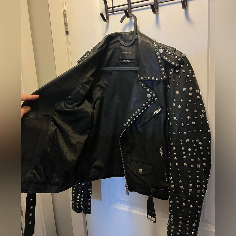 Maison Scotch and Soda Punk Radar Sheepskin Leather Studded Biker Jacket - Picture 3 of 6